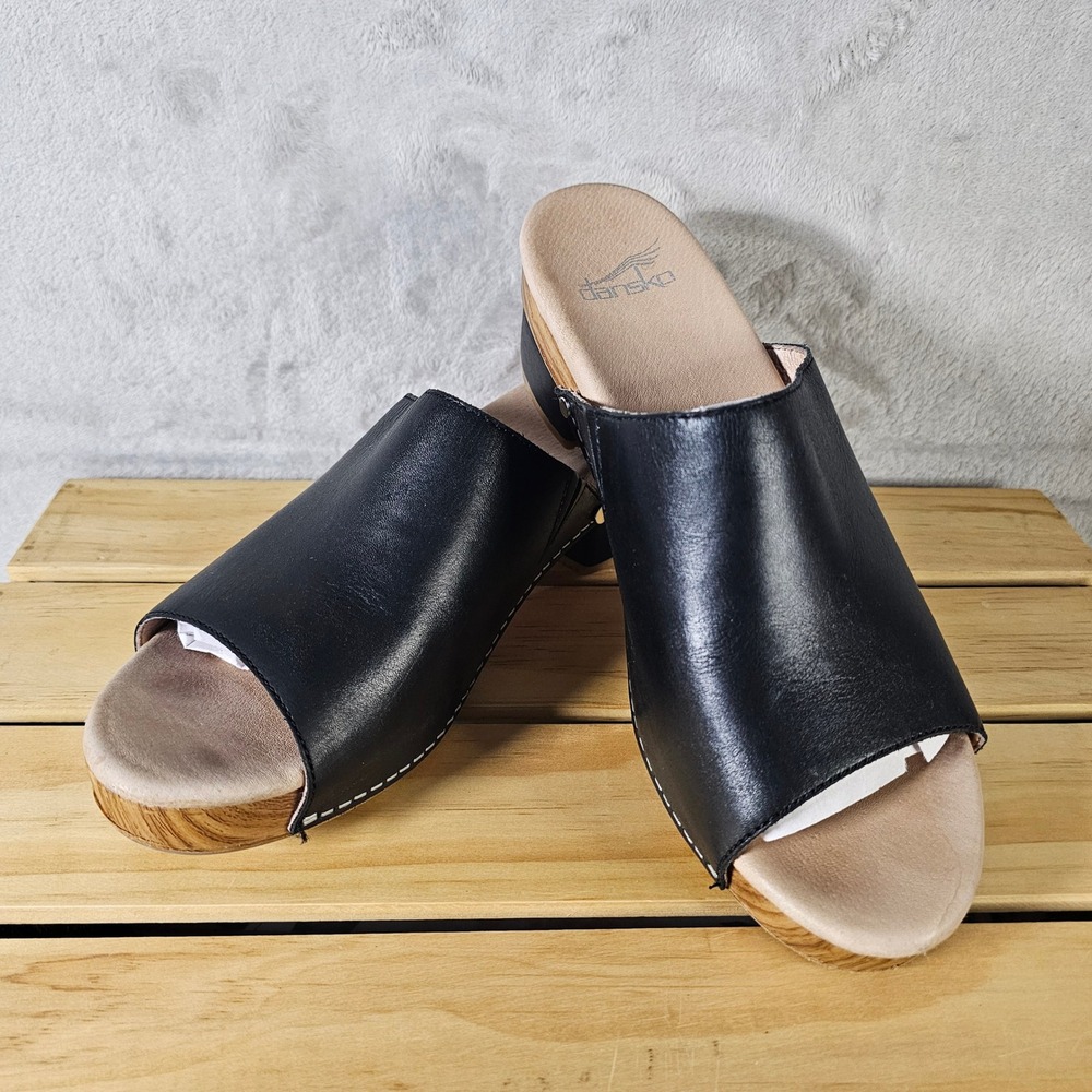 Dansko Black Leather Open Toe Clogs Block Heel Sandals Women's Size 39